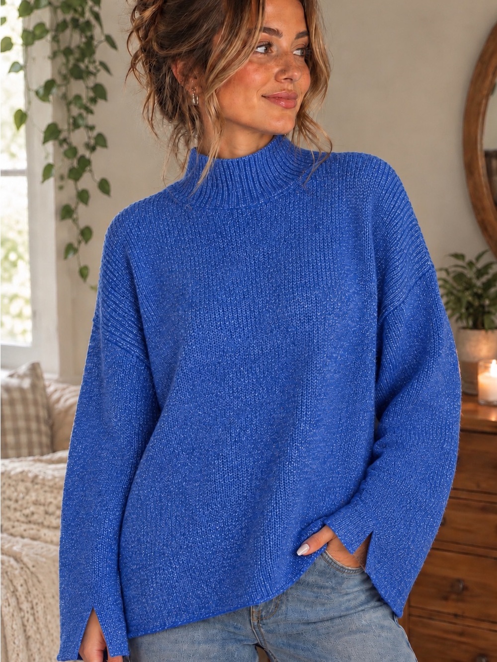 LOFT Blue Knit Sweater Size L High Neck Mock Turtleneck Textured